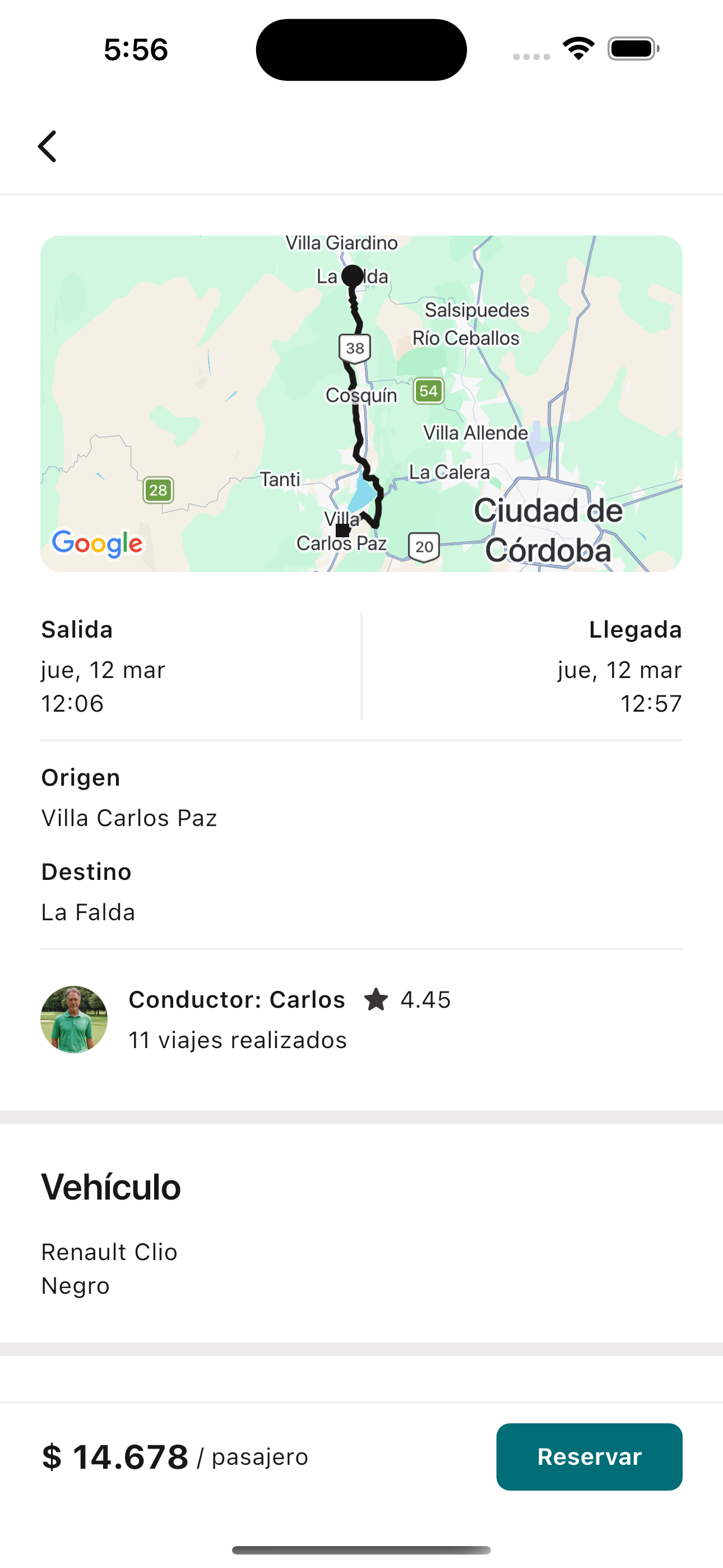 Detalle del viaje con mapa y conductor