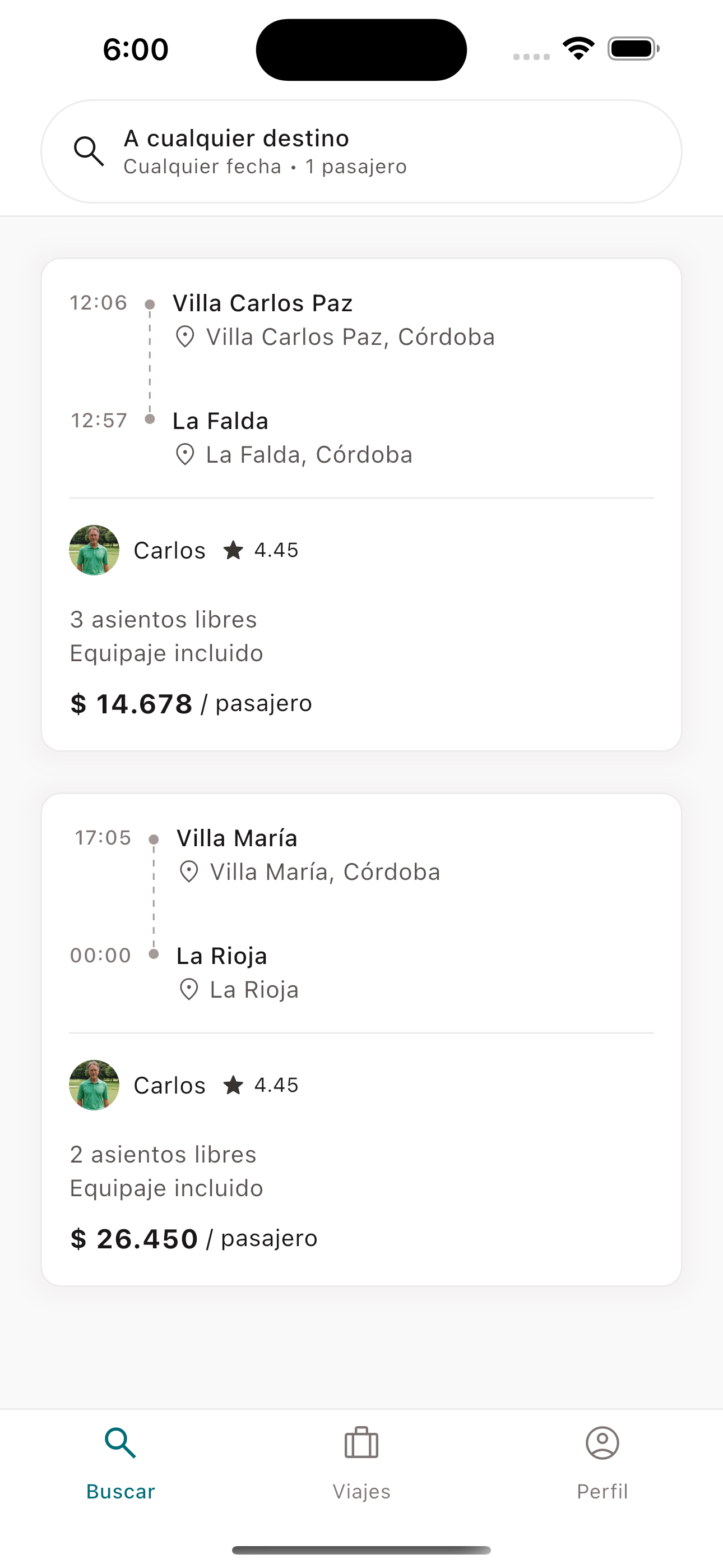 Resultados de búsqueda de viajes